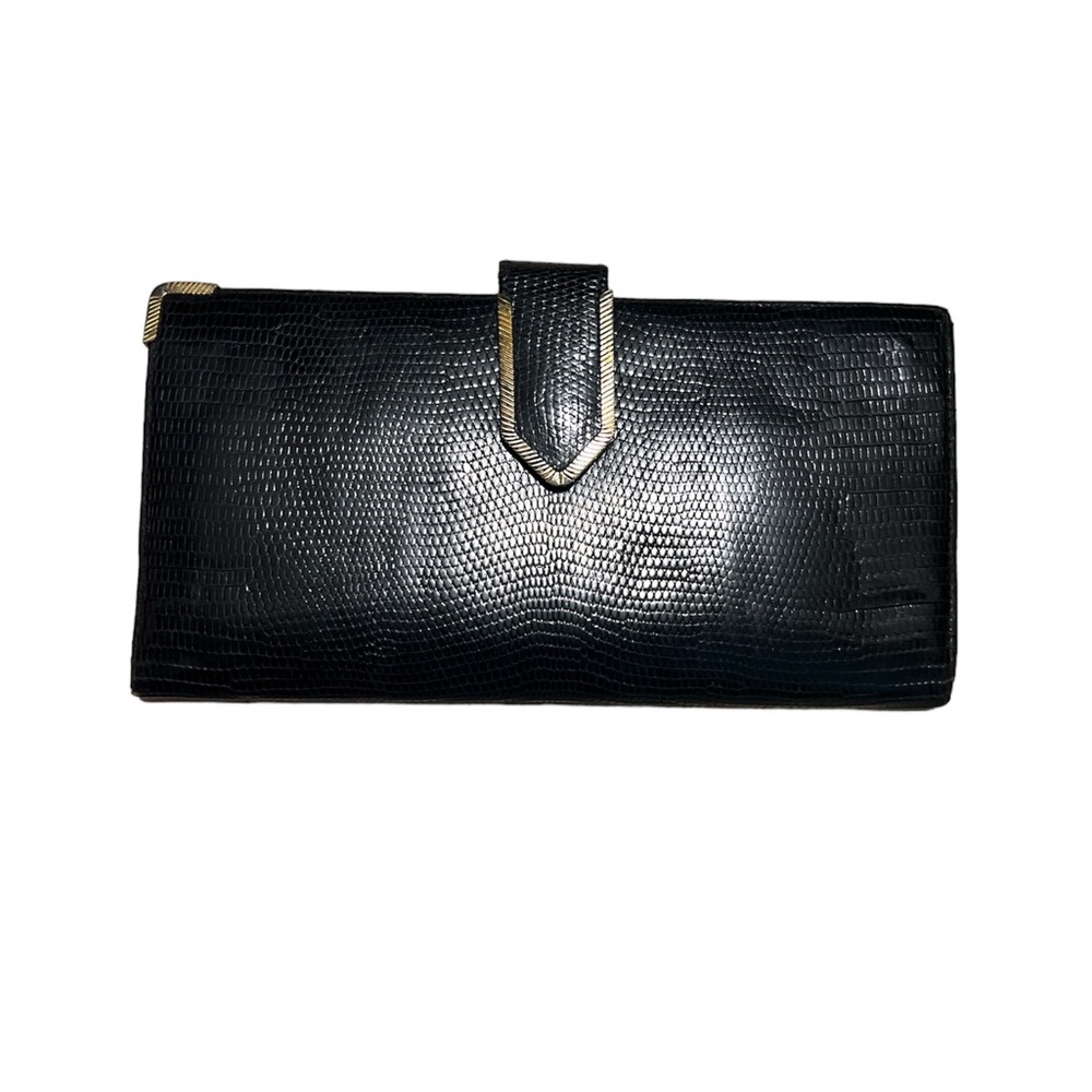 Vintage Judith Leiber black reptile with gold tone accent hardware